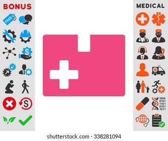 Medical Box vector icon with bonus. Style is flat symbol, pink color, rounded angles, white background.