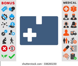 Medical Box vector icon with bonus. Style is flat symbol, cobalt color, rounded angles, white background.