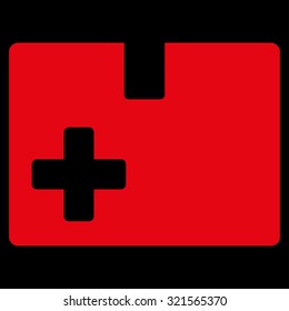 Medical Box vector icon. Style is flat symbol, red color, rounded angles, black background.