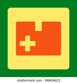 Medical Box vector icon. Style is flat rounded square button, orange and yellow colors, green background.