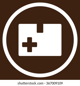 Medical Box vector icon. Style is flat circled symbol, white color, rounded angles, brown background.