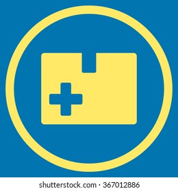Medical Box vector icon. Style is flat circled symbol, yellow color, rounded angles, blue background.