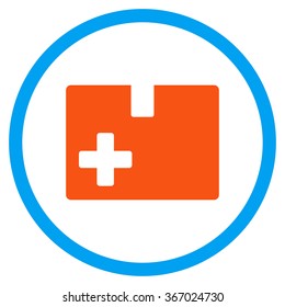 Medical Box vector icon. Style is flat circled symbol, orange and blue colors, rounded angles, white background.
