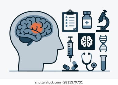 Medical brain research and diagnostics concept with head profile, brain highlight, and various healthcare icons and tools.