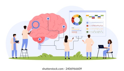 Medical brain research with electroencephalography method, neurology tests. Tiny people examine brain with connected wires to laboratory EEG equipment, magnifying glass cartoon vector illustration