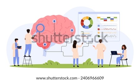 Medical brain research with electroencephalography method, neurology tests. Tiny people examine brain with connected wires to laboratory EEG equipment, magnifying glass cartoon vector illustration