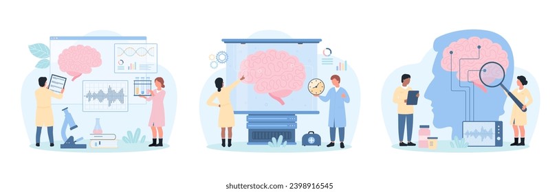 Medical brain research set vector illustration. Cartoon tiny people test human brain with electroencephalography, neurologists study nerve and nervous system with magnifying glass and EEG equipment