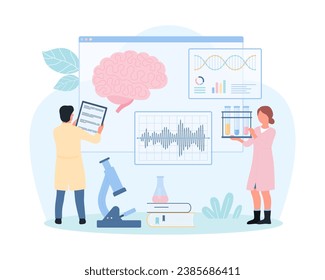 Medical brain study, neurology vector illustration. Cartoon tiny people research human brain anatomy on diagram, neurologists test nerve and nervous system during medical examination in hospital