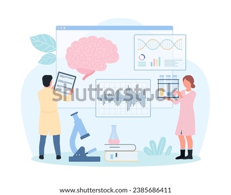 Medical brain study, neurology vector illustration. Cartoon tiny people research human brain anatomy on diagram, neurologists test nerve and nervous system during medical examination in hospital