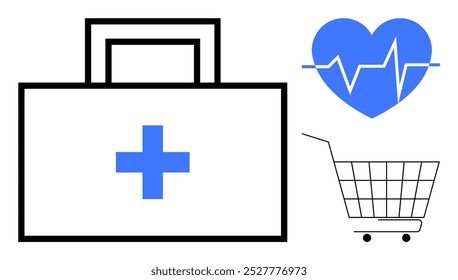 Medical briefcase with a blue cross heartbeat symbol and shopping cart on a white background Ideal for healthcare, wellness, online shopping, medical services, and e-commerce themes Simple clean