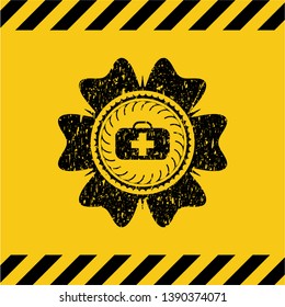 medical briefcase icon black grunge emblem, yellow warning sign. Vector Illustration. Detailed.