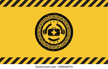 medical briefcase icon black grunge emblem with yellow background. Vector Illustration. Detailed.