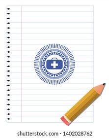 medical briefcase icon drawn with pen strokes. Blue ink. Vector Illustration. Detailed.