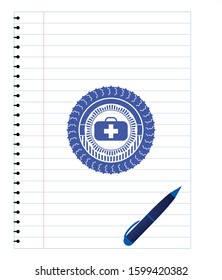 medical briefcase icon drawn with pen. Blue ink. Vector Illustration. Detailed.