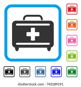 Medical Briefcase icon. Flat grey iconic symbol inside a light blue rounded frame. Black, gray, green, blue, red, orange color versions of Medical Briefcase vector.