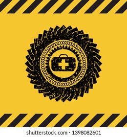 medical briefcase icon grunge black emblem with yellow background, warning sign. Vector Illustration. Detailed.