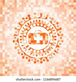 medical briefcase icon inside abstract emblem, orange mosaic background