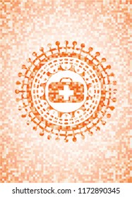 medical briefcase icon inside abstract orange mosaic emblem with background