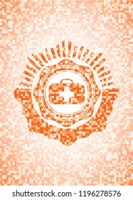 medical briefcase icon inside abstract orange mosaic emblem