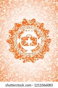 medical briefcase icon inside abstract orange mosaic emblem