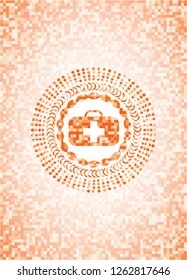 medical briefcase icon inside abstract emblem, orange mosaic background