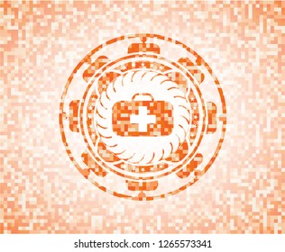 medical briefcase icon inside abstract orange mosaic emblem