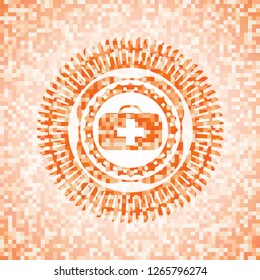 medical briefcase icon inside abstract orange mosaic emblem