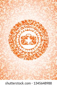 medical briefcase icon inside abstract emblem, orange mosaic background