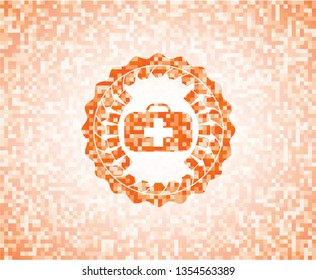 medical briefcase icon inside abstract emblem, orange mosaic background