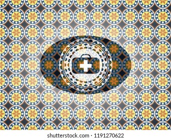 medical briefcase icon inside arabesque emblem background. arabic decoration.