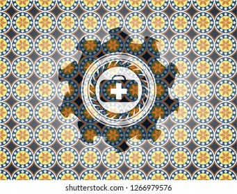 medical briefcase icon inside arabesque badge. arabic decoration.