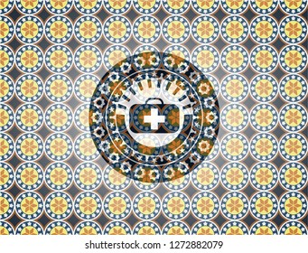 medical briefcase icon inside arabesque emblem. arabic decoration.