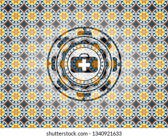 medical briefcase icon inside arabesque badge background. arabic decoration.