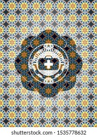 medical briefcase icon inside arabesque emblem background. arabic decoration.