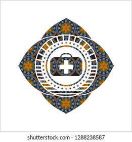 medical briefcase icon inside arabic emblem background. Arabesque decoration.