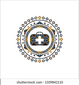 medical briefcase icon inside arabic emblem background. Arabesque decoration.