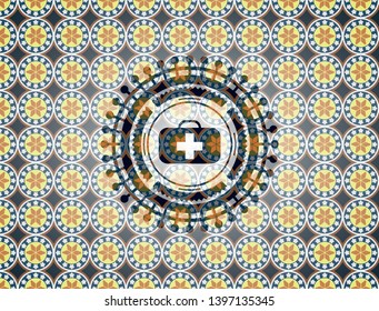 medical briefcase icon inside arabic badge. Arabesque decoration.