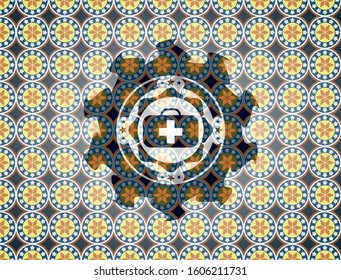 medical briefcase icon inside arabic emblem. Arabesque decoration.