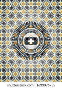 medical briefcase icon inside arabic emblem. Arabesque decoration.