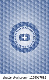 medical briefcase icon inside blue badge with geometric pattern background.