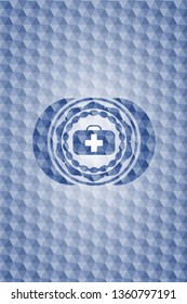medical briefcase icon inside blue emblem with geometric background.