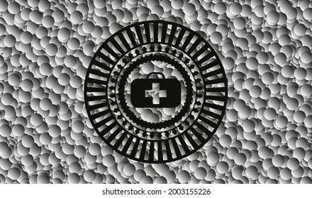 medical briefcase icon inside dark emblem with bubbles background. Retro. Vector Illustration. Detailed. 