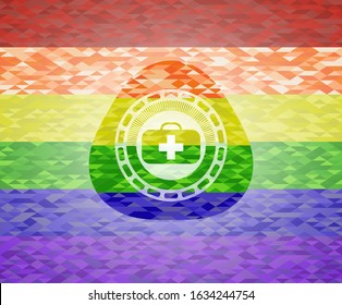 medical briefcase icon inside emblem on mosaic background with the colors of the LGBT flag