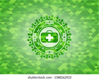 medical briefcase icon inside green emblem. Mosaic background
