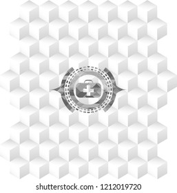 medical briefcase icon inside grey badge with geometric cube white background