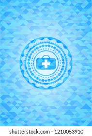 medical briefcase icon inside light blue emblem with mosaic background