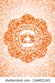 medical briefcase icon inside orange mosaic emblem with background