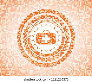 medical briefcase icon inside orange mosaic emblem with background