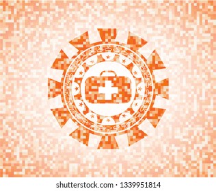 medical briefcase icon inside orange tile background illustration. Square geometric mosaic seamless pattern with emblem inside.