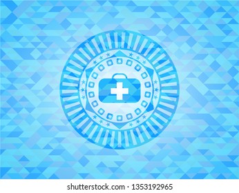 medical briefcase icon inside realistic sky blue mosaic emblem